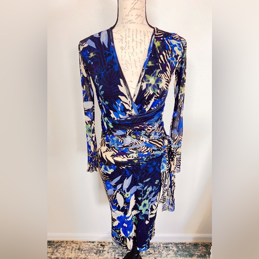 FUZZI Tulle Mesh Floral Bodycon Faux Wrap Dress Size S